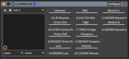 Free JCM amp emulator that sounds great. Each return is set differently and panned hard-left/right to create space, with both being routed through an additional return (sent out to record as audio) with some compression.